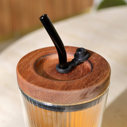 Fusion 50cl Glass Cup with Straw and Wooden Lid